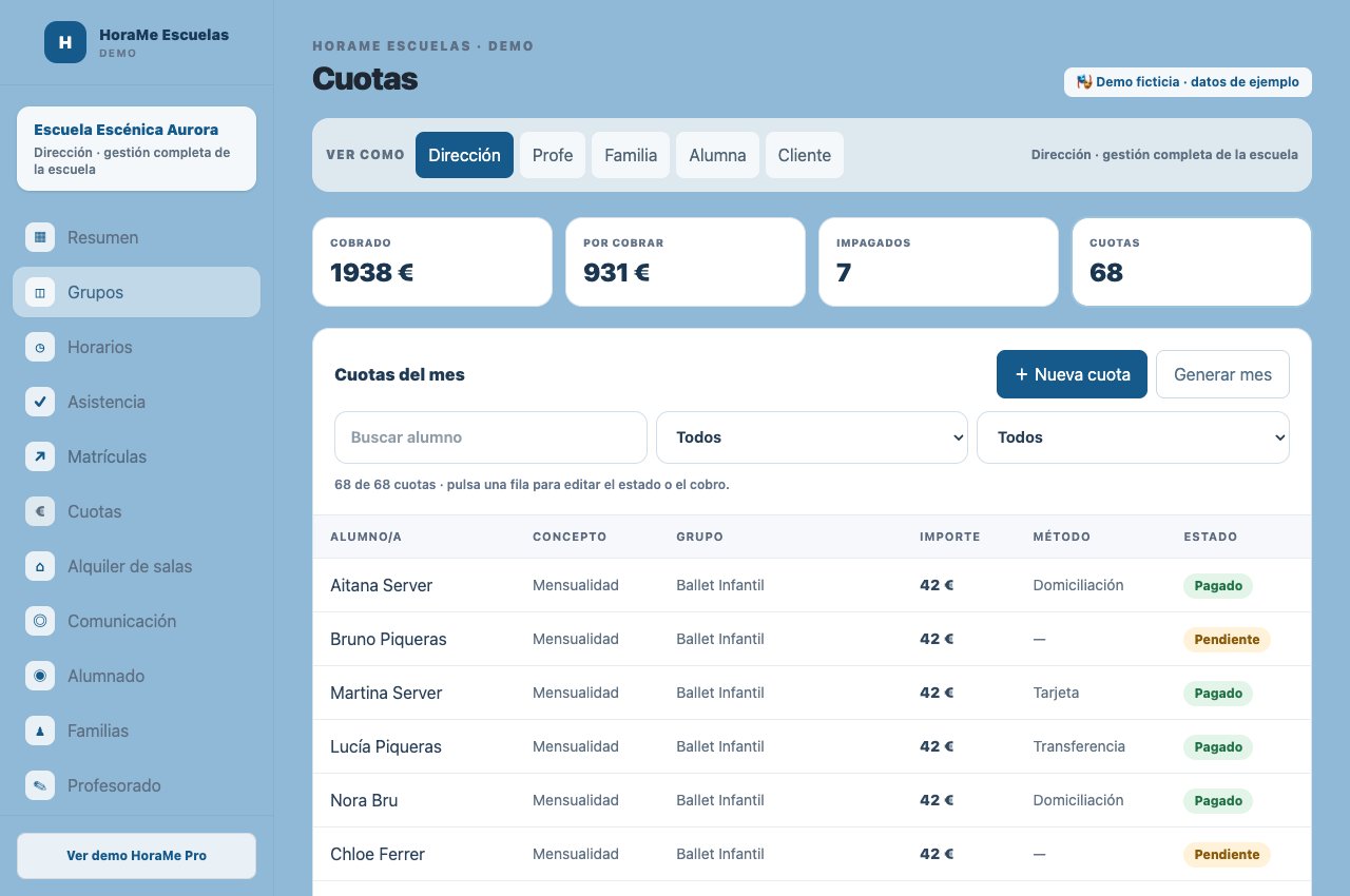 Cuotas pagadas y pendientes en la demo HoraMe Escuelas, con datos ficticios