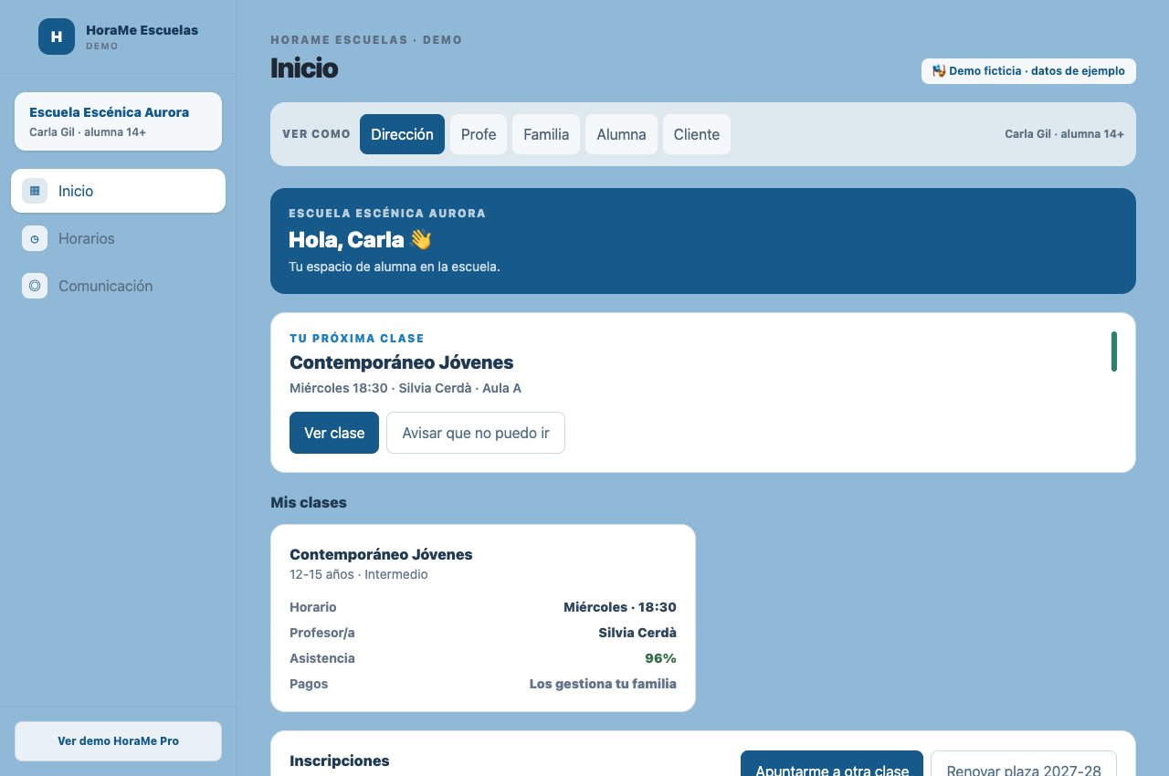 Portal del alumnado de la demo HoraMe Escuelas, con datos ficticios
